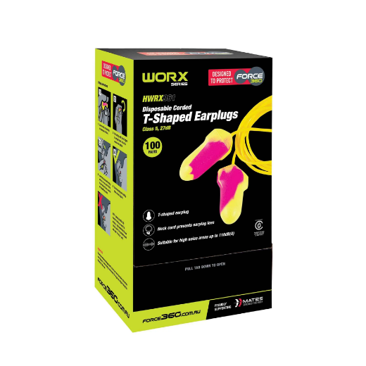 Picture of Force360 T-Shaped Corded Disposable Earplug Class 5, 27dB (100pr Per Box) Yellow Pink Size One
